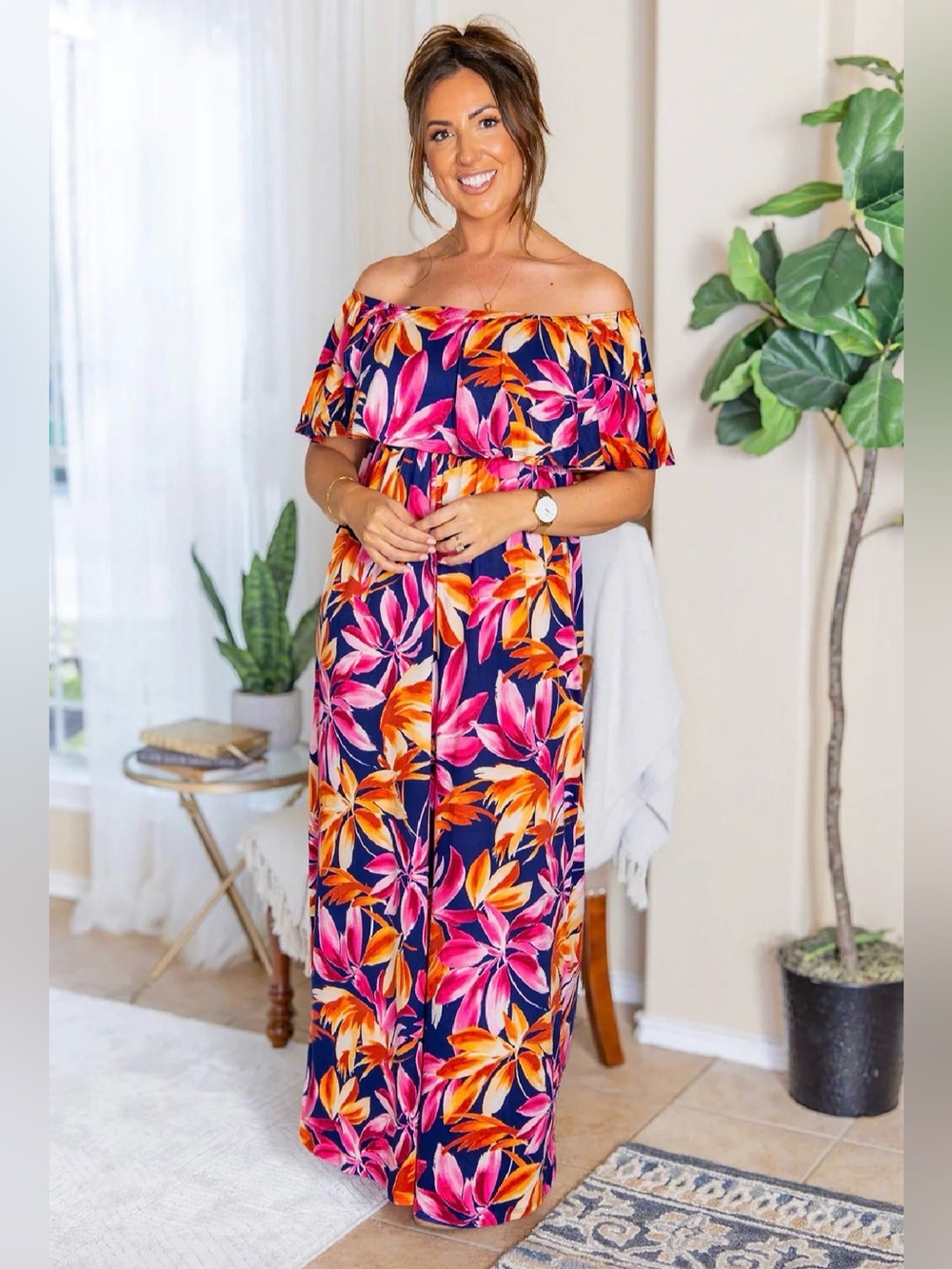 Michelle Mae Off The Shoulder Maxi Dress - Navy Tropical  1XL